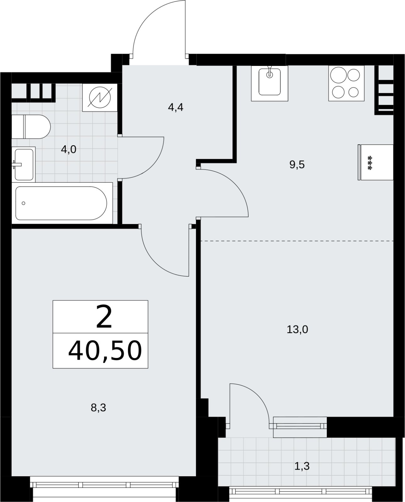 2-комнатная квартира (евро) без отделки, 40.5 м2, 4 этаж, сдача 3 квартал 2026 г., ЖК Родные кварталы, корпус 3.1 - объявление 2378320 - фото №1