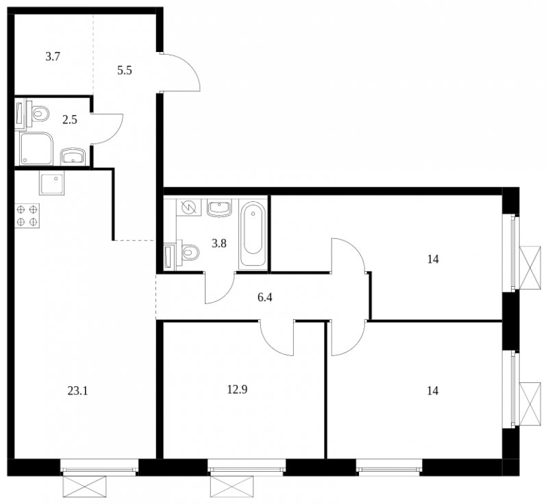 3-комнатная квартира с полной отделкой, 85.9 м2, 17 этаж, сдача 4 квартал 2023 г., ЖК Бунинские луга, корпус 3.1.2 - объявление 1841271 - фото №1