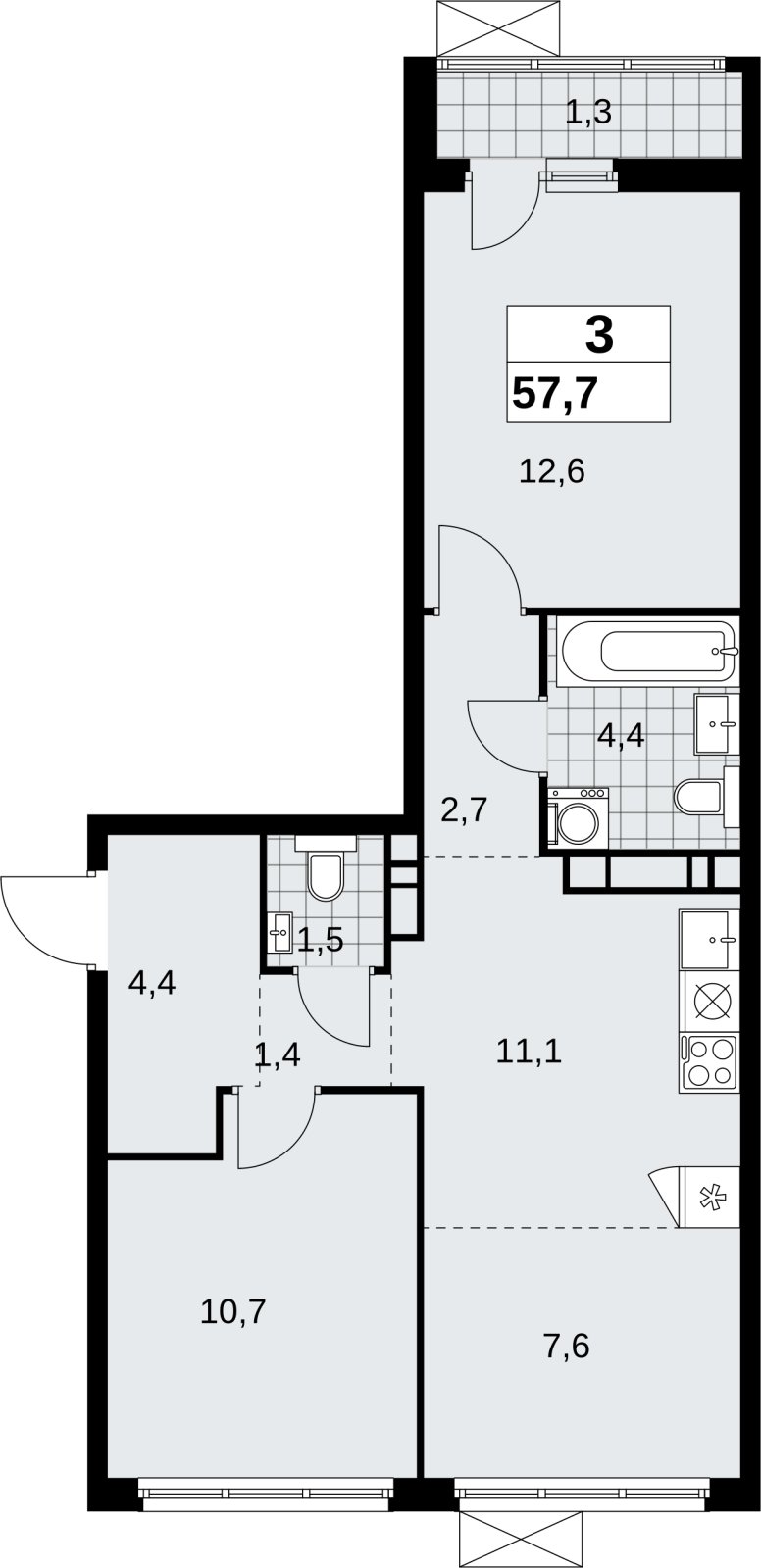 3-комнатная квартира (евро) с полной отделкой, 57.7 м2, 10 этаж, сдача 1 квартал 2027 г., ЖК Скандинавия, корпус 2.18.2.1 - объявление 2351085 - фото №1