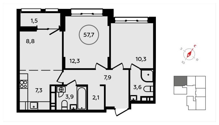 3-комнатная квартира (евро) без отделки, 57.7 м2, 10 этаж, сдача 3 квартал 2024 г., ЖК Скандинавия, корпус 2.22.2 - объявление 1625511 - фото №1