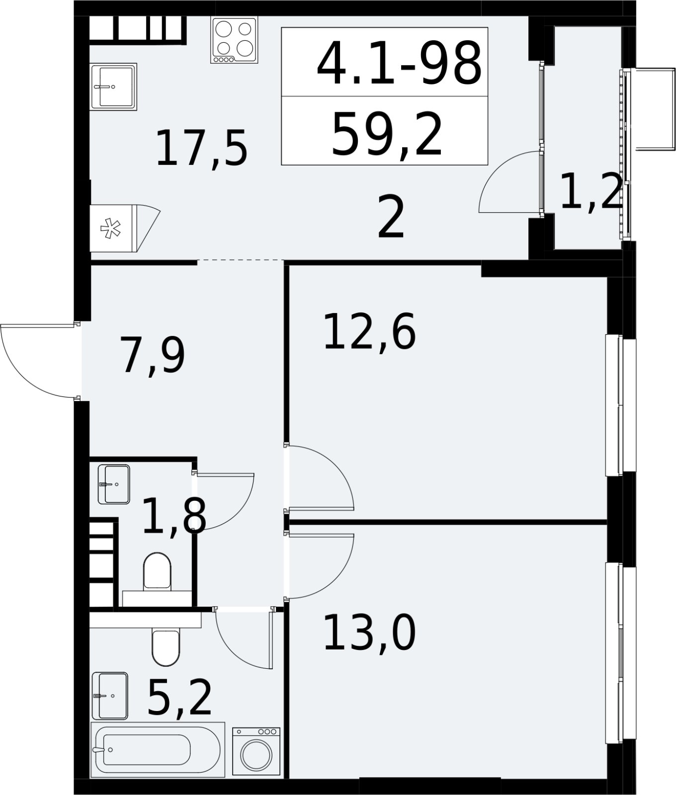 2-комнатная квартира с полной отделкой, 59.2 м2, 18 этаж, сдача 2 квартал 2027 г., ЖК Южные сады, корпус 4.1.1 - объявление 2392639 - фото №1