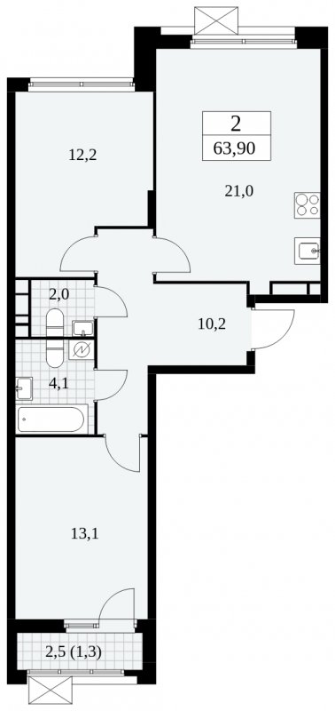 2-комнатная квартира без отделки, 63.9 м2, 9 этаж, сдача 4 квартал 2024 г., ЖК Скандинавия, корпус 2.27.3 - объявление 1840592 - фото №1