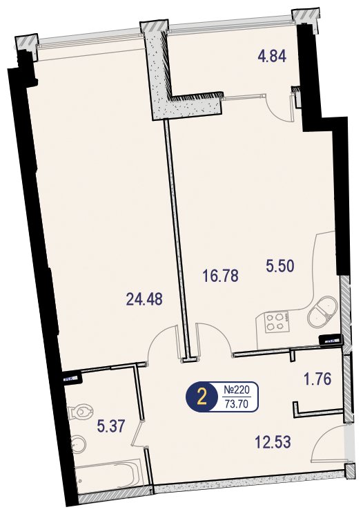 2-комнатные апартаменты без отделки, 73.7 м2, 2 этаж, дом сдан, ЖК МФК Маршал, корпус 9 - объявление 1964469 - фото №1