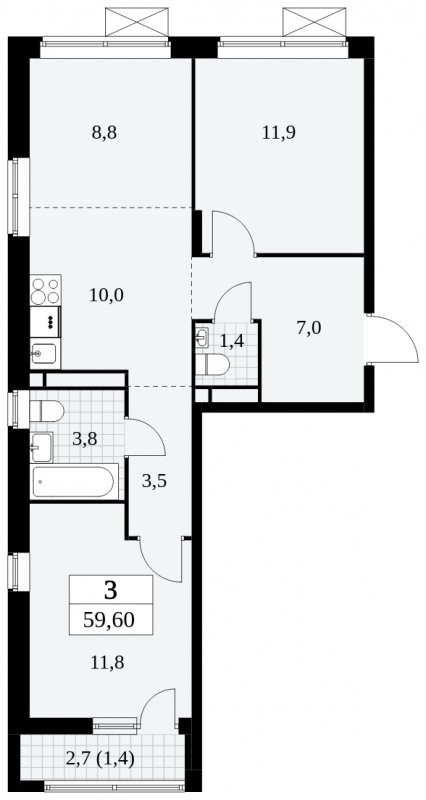 3-комнатная квартира (евро) без отделки, 59.6 м2, 8 этаж, сдача 3 квартал 2024 г., ЖК Прокшино, корпус 8.5 - объявление 1684437 - фото №1