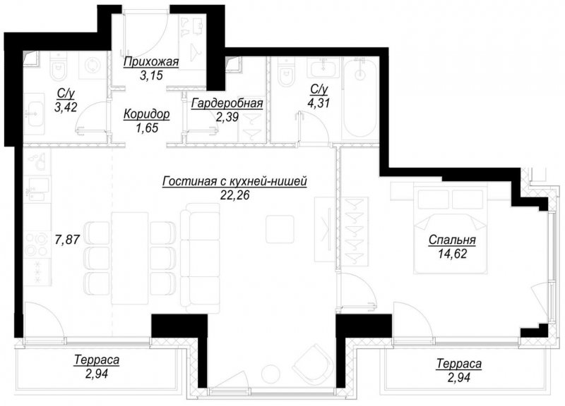 1-комнатная квартира с частичной отделкой, 61.4 м2, 18 этаж, сдача 1 квартал 2023 г., ЖК Hide, корпус RiverSide - объявление 1756872 - фото №1