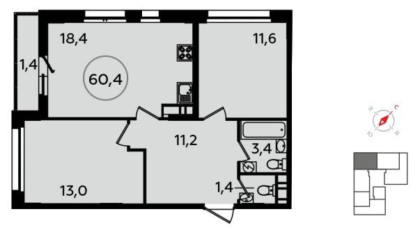 2-комнатная квартира без отделки, 60.4 м2, 14 этаж, сдача 1 квартал 2022 г., ЖК Скандинавия, корпус 13.1 - объявление 1411589 - фото №1