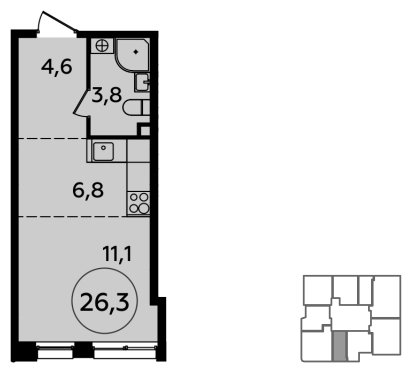 Студия с частичной отделкой, 26.3 м2, 2 этаж, сдача 1 квартал 2024 г., ЖК Скандинавия, корпус 23.1 - объявление 1749471 - фото №1