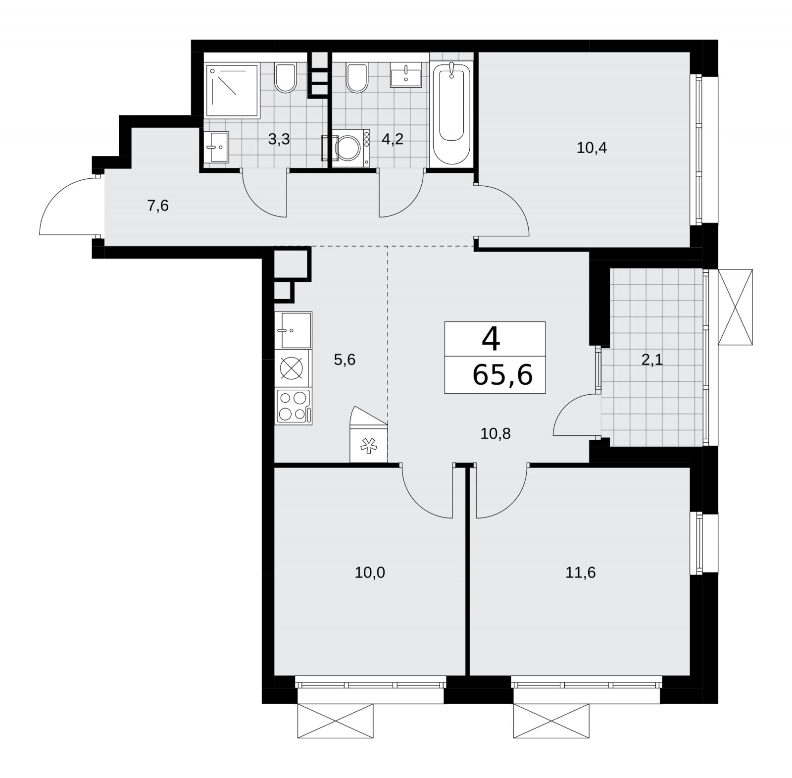 4-комнатная квартира (евро) с частичной отделкой, 65.6 м2, 5 этаж, сдача 2 квартал 2026 г., ЖК Деснаречье, корпус 4.6 - объявление 2264623 - фото №1