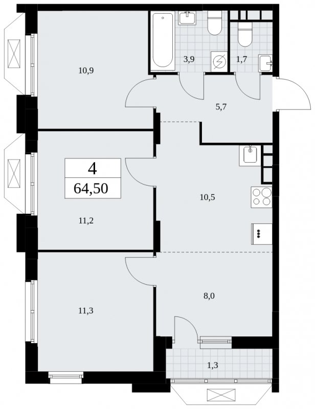 4-комнатная квартира (евро) без отделки, 64.5 м2, 8 этаж, сдача 4 квартал 2024 г., ЖК Бунинские кварталы, корпус 1.3 - объявление 1834695 - фото №1