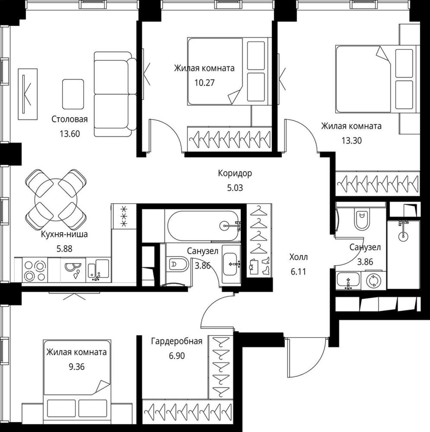 3-комнатная квартира с частичной отделкой, 78.17 м2, 43 этаж, сдача 3 квартал 2026 г., ЖК City Bay, корпус North Ocean 1 - объявление 2240622 - фото №1