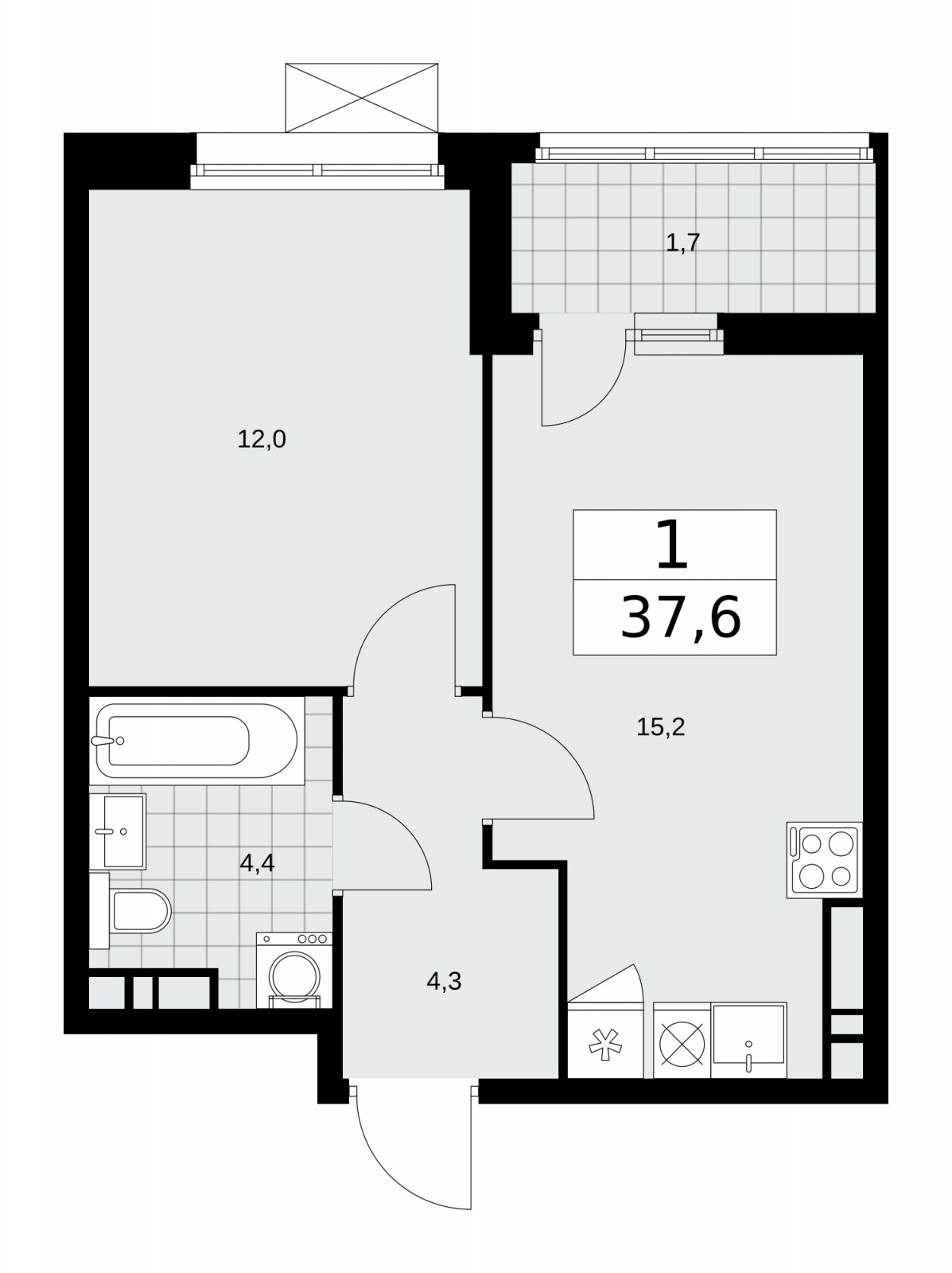 1-комнатная квартира без отделки, 37.6 м2, 10 этаж, сдача 1 квартал 2026 г., ЖК Дзен-кварталы, корпус 4.3 - объявление 2251648 - фото №1