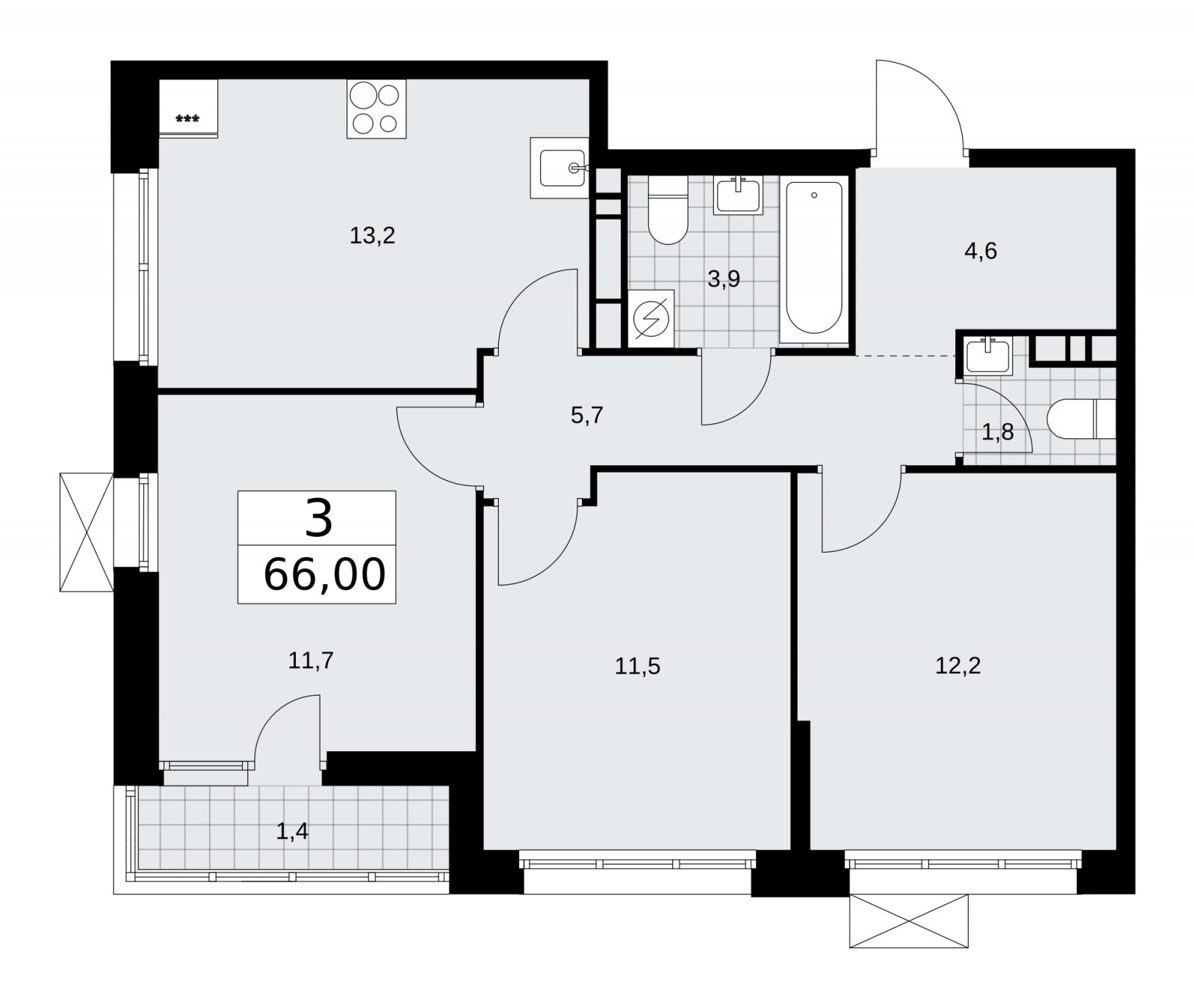 3-комнатная квартира с частичной отделкой, 66 м2, 7 этаж, сдача 4 квартал 2025 г., ЖК Бунинские кварталы, корпус 3.3 - объявление 2151981 - фото №1