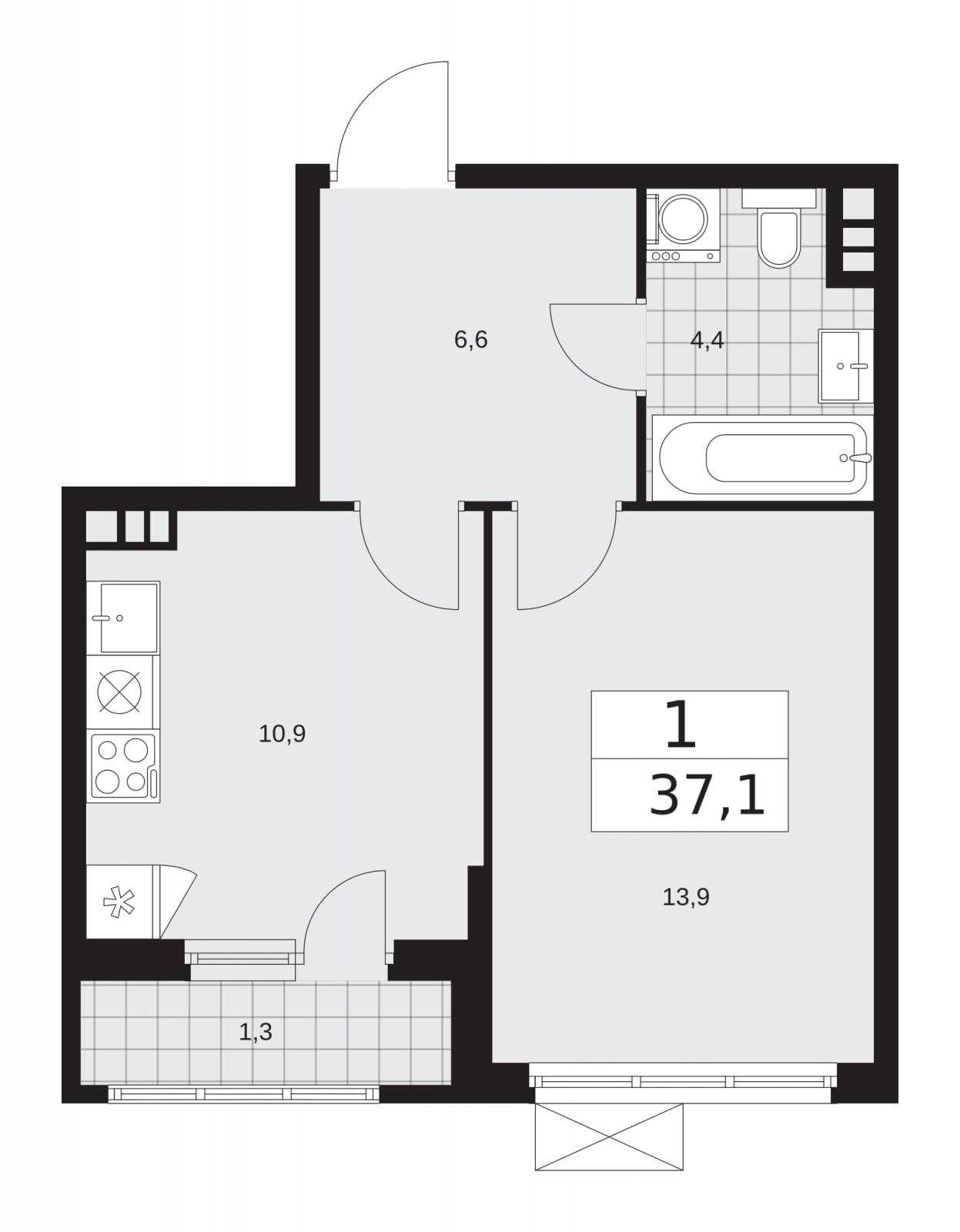 1-комнатная квартира с частичной отделкой, 37.1 м2, 3 этаж, сдача 2 квартал 2026 г., ЖК Прокшино, корпус 11.2.3 - объявление 2270265 - фото №1