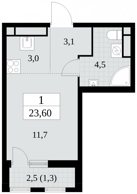 Студия с частичной отделкой, 23.6 м2, 5 этаж, сдача 2 квартал 2025 г., ЖК Южные сады, корпус 2.1 - объявление 1760108 - фото №1