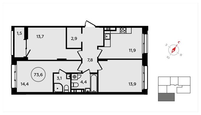 3-комнатная квартира без отделки, 73.6 м2, 9 этаж, сдача 3 квартал 2024 г., ЖК Скандинавия, корпус 22.2 - объявление 1625384 - фото №1