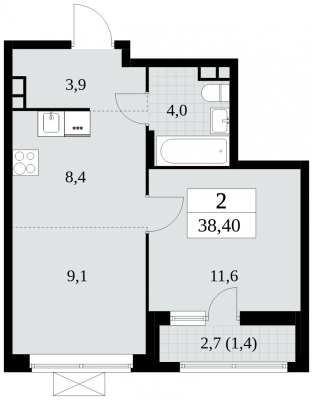 2-комнатная квартира (евро) без отделки, 38.4 м2, 3 этаж, сдача 2 квартал 2024 г., ЖК Прокшино, корпус 6.1 - объявление 1662499 - фото №1
