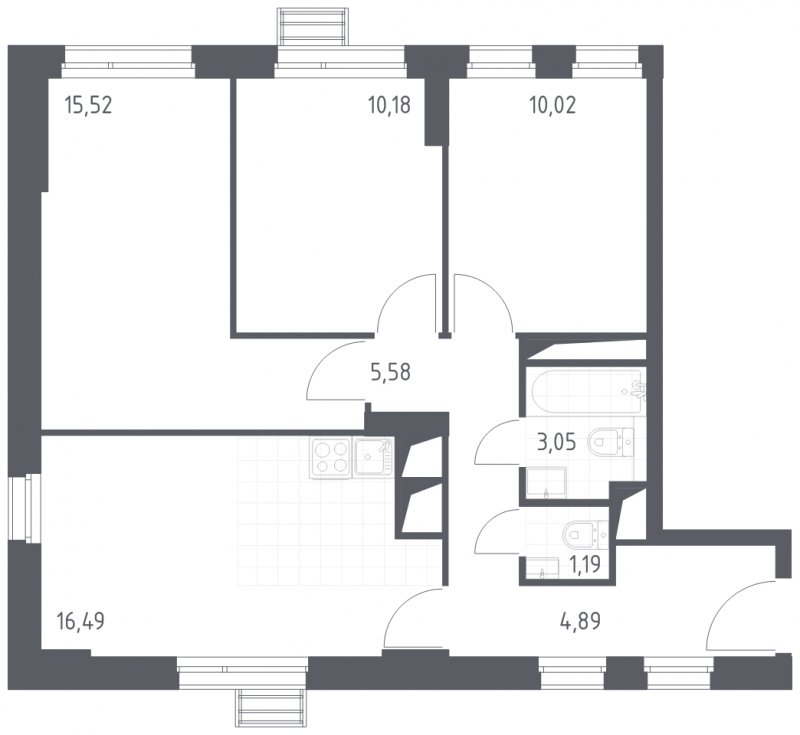 3-комнатные апартаменты с полной отделкой, 66.92 м2, 20 этаж, сдача 4 квартал 2023 г., ЖК Квартал Спутник, корпус 15 - объявление 1608301 - фото №1