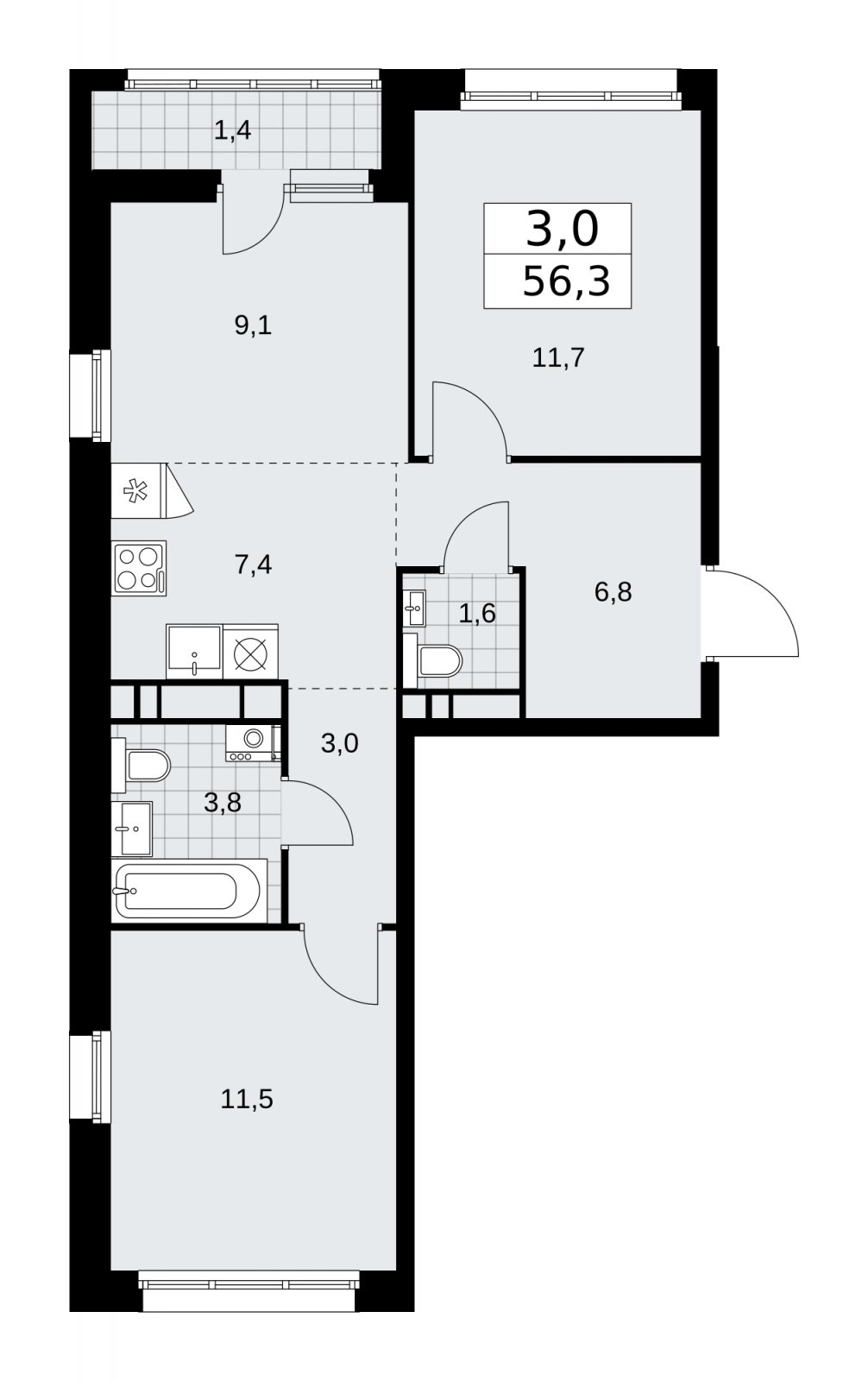3-комнатная квартира (евро) с частичной отделкой, 56.3 м2, 11 этаж, сдача 2 квартал 2026 г., ЖК Дзен-кварталы, корпус 3.4 - объявление 2242197 - фото №1