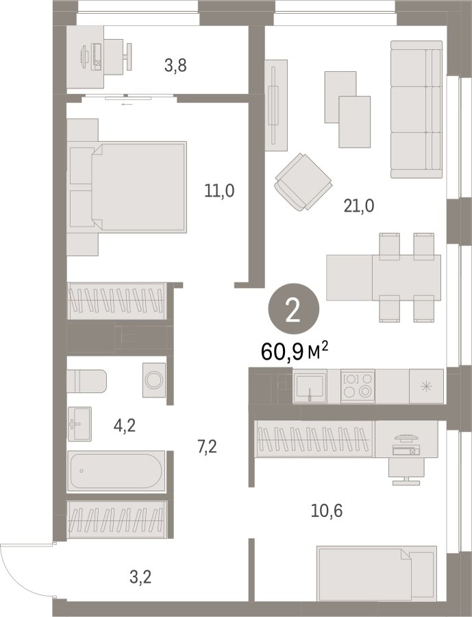 2-комнатная квартира с частичной отделкой, 60.88 м2, 10 этаж, сдача 1 квартал 2025 г., ЖК Первый квартал, корпус Дом 5 - объявление 2281538 - фото №1
