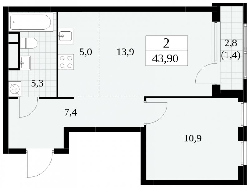 2-комнатная квартира (евро) без отделки, 43.9 м2, 15 этаж, сдача 2 квартал 2025 г., ЖК Южные сады, корпус 2.4 - объявление 1760342 - фото №1