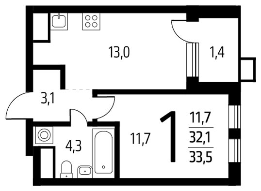 1-комнатная квартира с полной отделкой, 33.5 м2, 8 этаж, сдача 1 квартал 2024 г., ЖК Новые Ватутинки. Центральный, корпус 9/3 - объявление 1787080 - фото №1