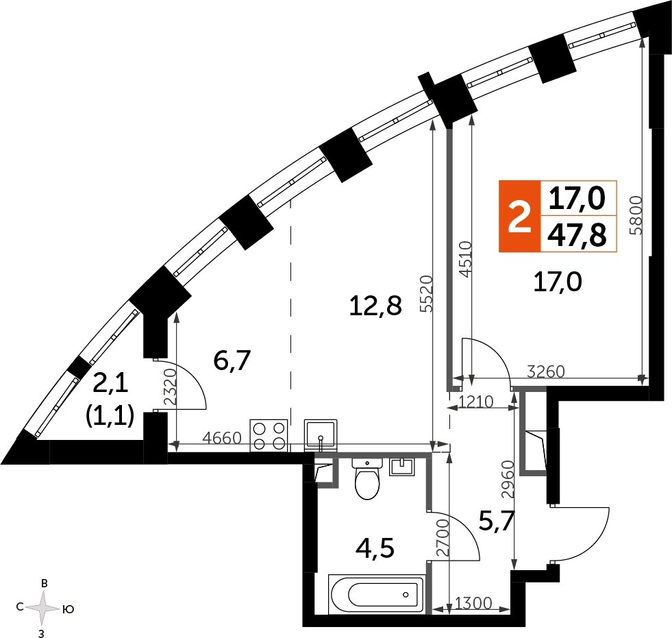 1-комнатная квартира с частичной отделкой, 47.8 м2, 26 этаж, сдача 3 квартал 2024 г., ЖК Sydney City, корпус 2.2 - объявление 2323054 - фото №1