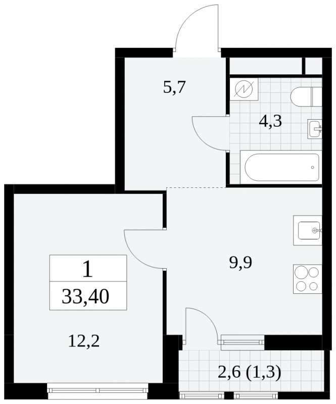 1-комнатная квартира с частичной отделкой, 33.4 м2, 12 этаж, сдача 2 квартал 2025 г., ЖК Южные сады, корпус 2.1 - объявление 1760148 - фото №1