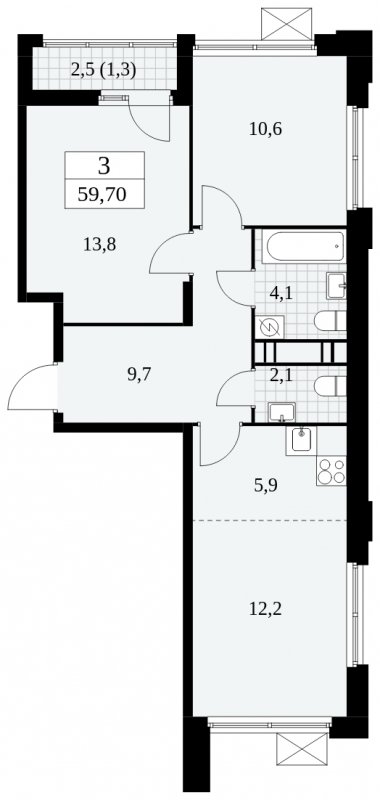3-комнатная квартира (евро) с частичной отделкой, 59.7 м2, 14 этаж, сдача 4 квартал 2024 г., ЖК Скандинавия, корпус 2.27.4 - объявление 1840772 - фото №1