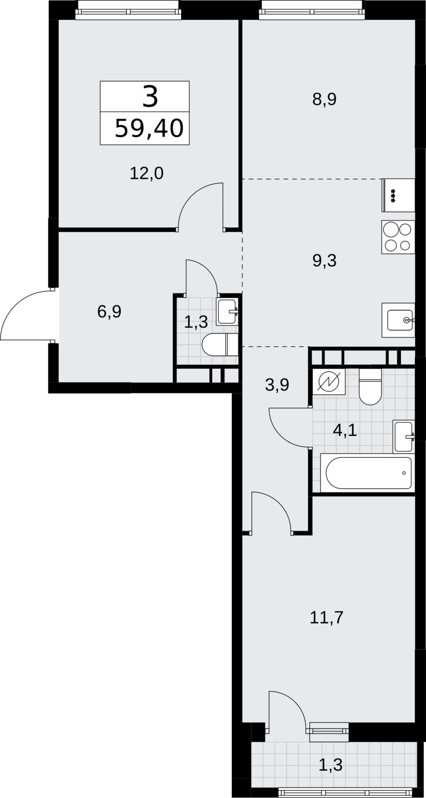 3-комнатная квартира (евро) без отделки, 59.4 м2, 8 этаж, сдача 3 квартал 2026 г., ЖК Родные кварталы, корпус 3.1 - объявление 2378249 - фото №1