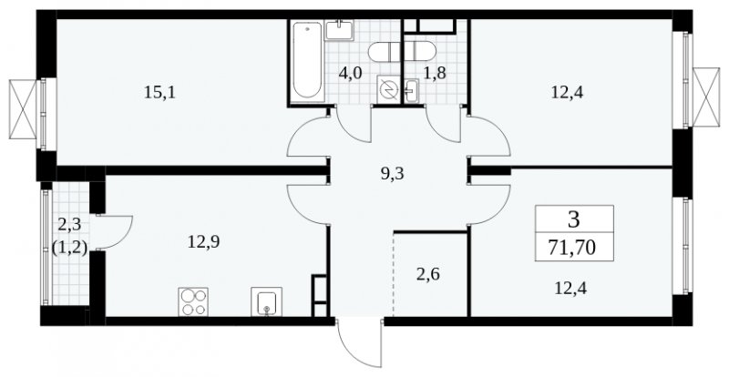 3-комнатная квартира без отделки, 71.7 м2, 7 этаж, сдача 1 квартал 2025 г., ЖК Прокшино, корпус 5.1.3 - объявление 1810747 - фото №1