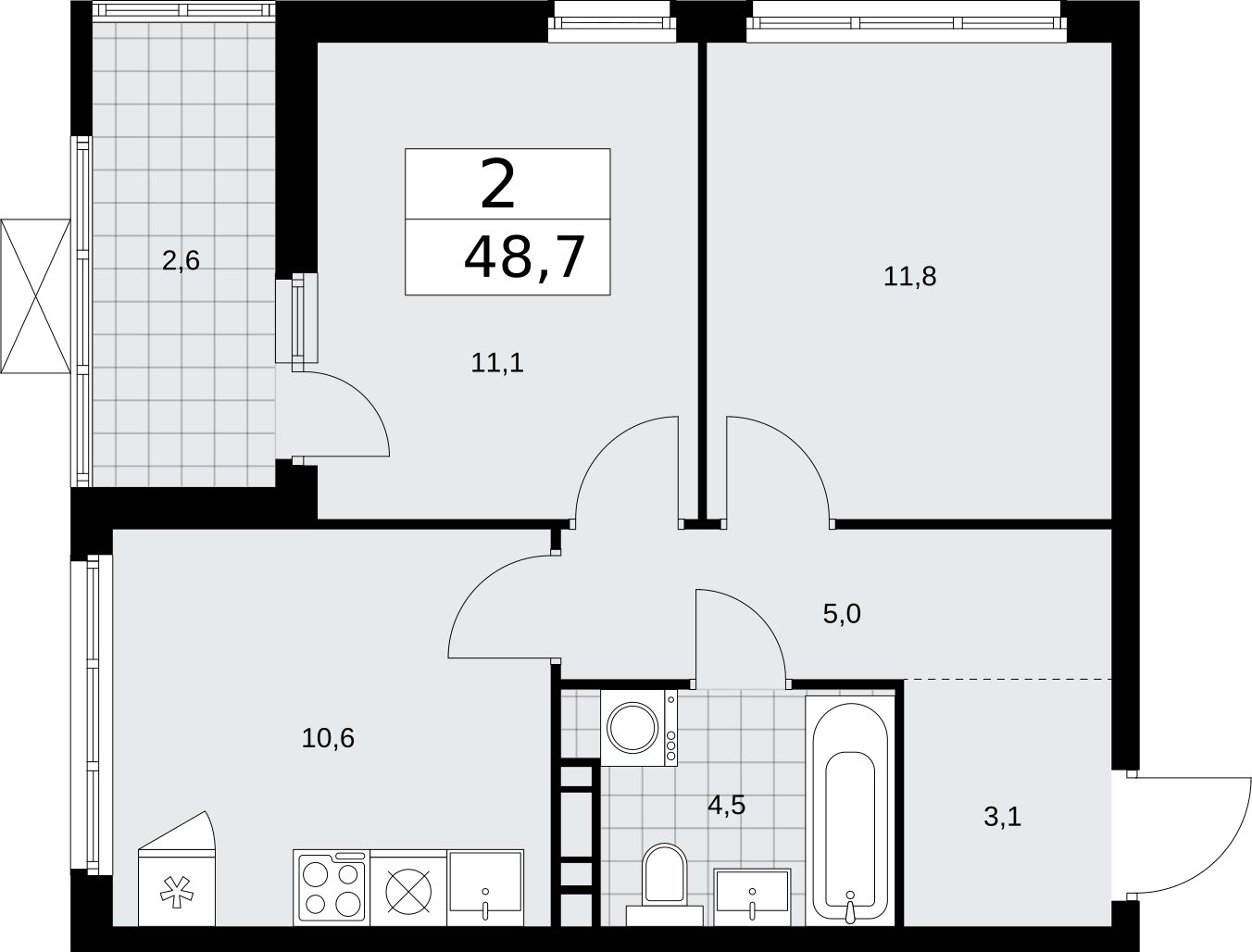 2-комнатная квартира без отделки, 48.7 м2, 14 этаж, сдача 2 квартал 2026 г., ЖК Бунинские кварталы, корпус 5.3 - объявление 2297620 - фото №1