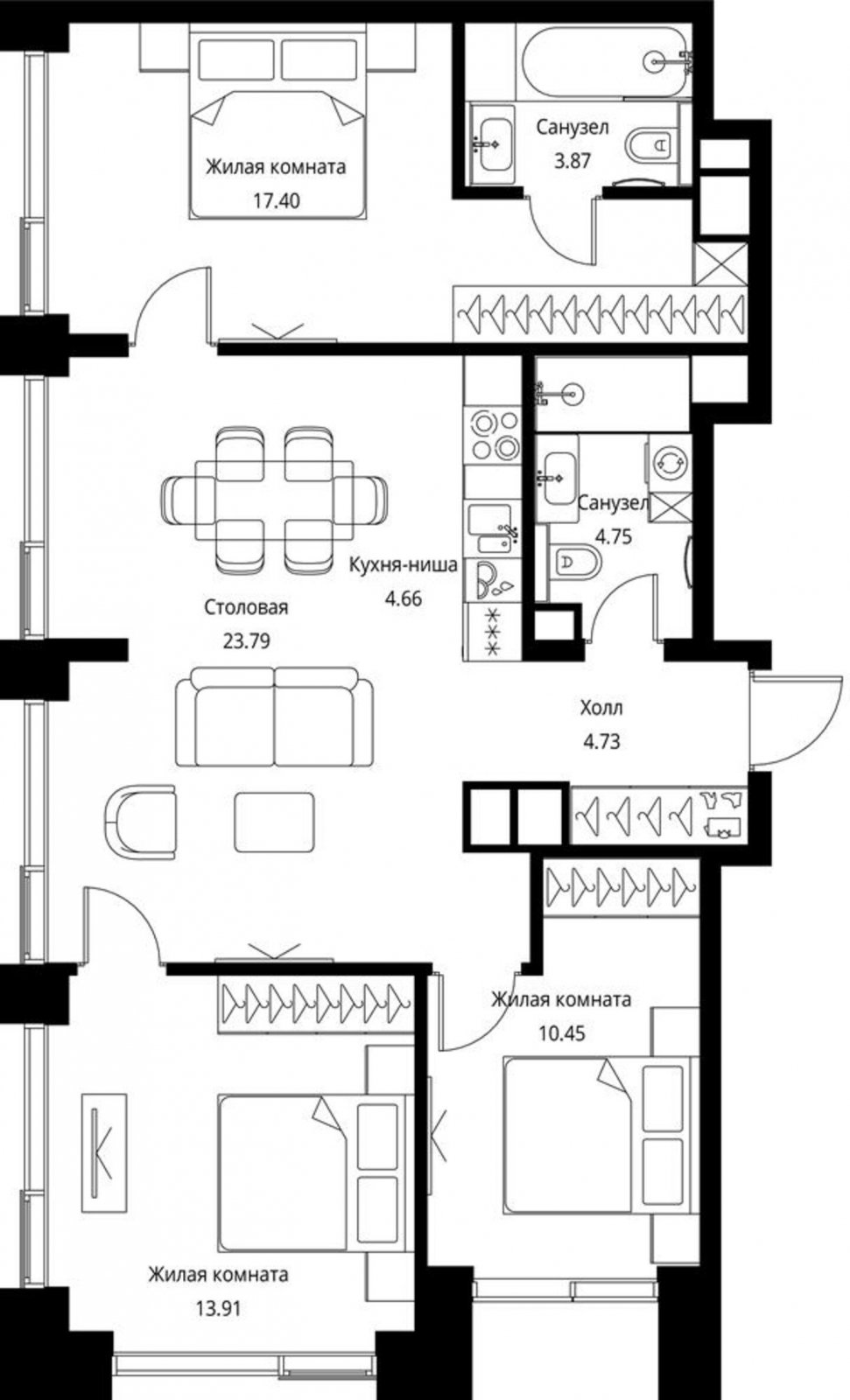 3-комнатная квартира с частичной отделкой, 83.64 м2, 23 этаж, сдача 3 квартал 2026 г., ЖК City Bay, корпус North Ocean 11 - объявление 2240663 - фото №1
