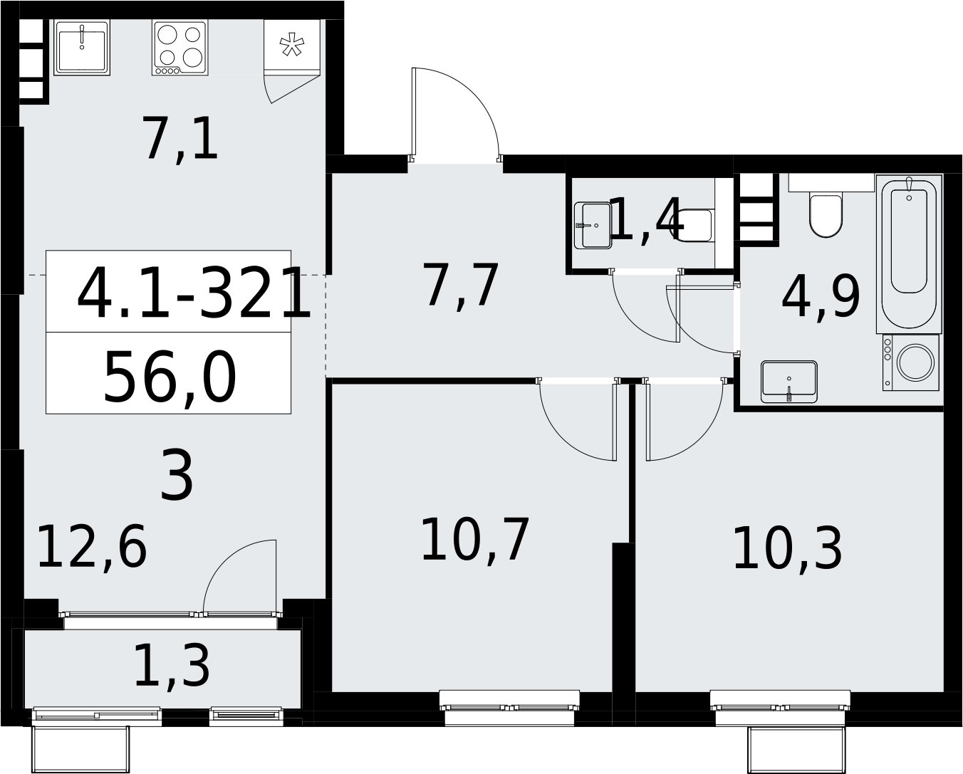 3-комнатная квартира (евро) с полной отделкой, 56 м2, 12 этаж, сдача 2 квартал 2027 г., ЖК Южные сады, корпус 4.1.2 - объявление 2392829 - фото №1
