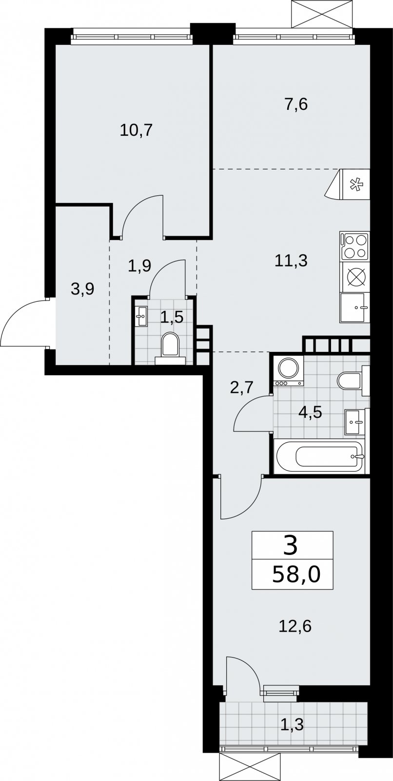 3-комнатная квартира (евро) без отделки, 58 м2, 4 этаж, сдача 2 квартал 2026 г., ЖК Бунинские кварталы, корпус 5.4 - объявление 2297681 - фото №1