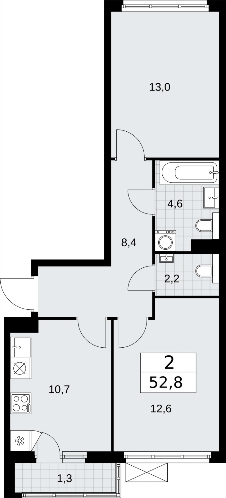 2-комнатная квартира без отделки, 52.8 м2, 6 этаж, сдача 2 квартал 2026 г., ЖК Бунинские кварталы, корпус 7.3 - объявление 2313774 - фото №1