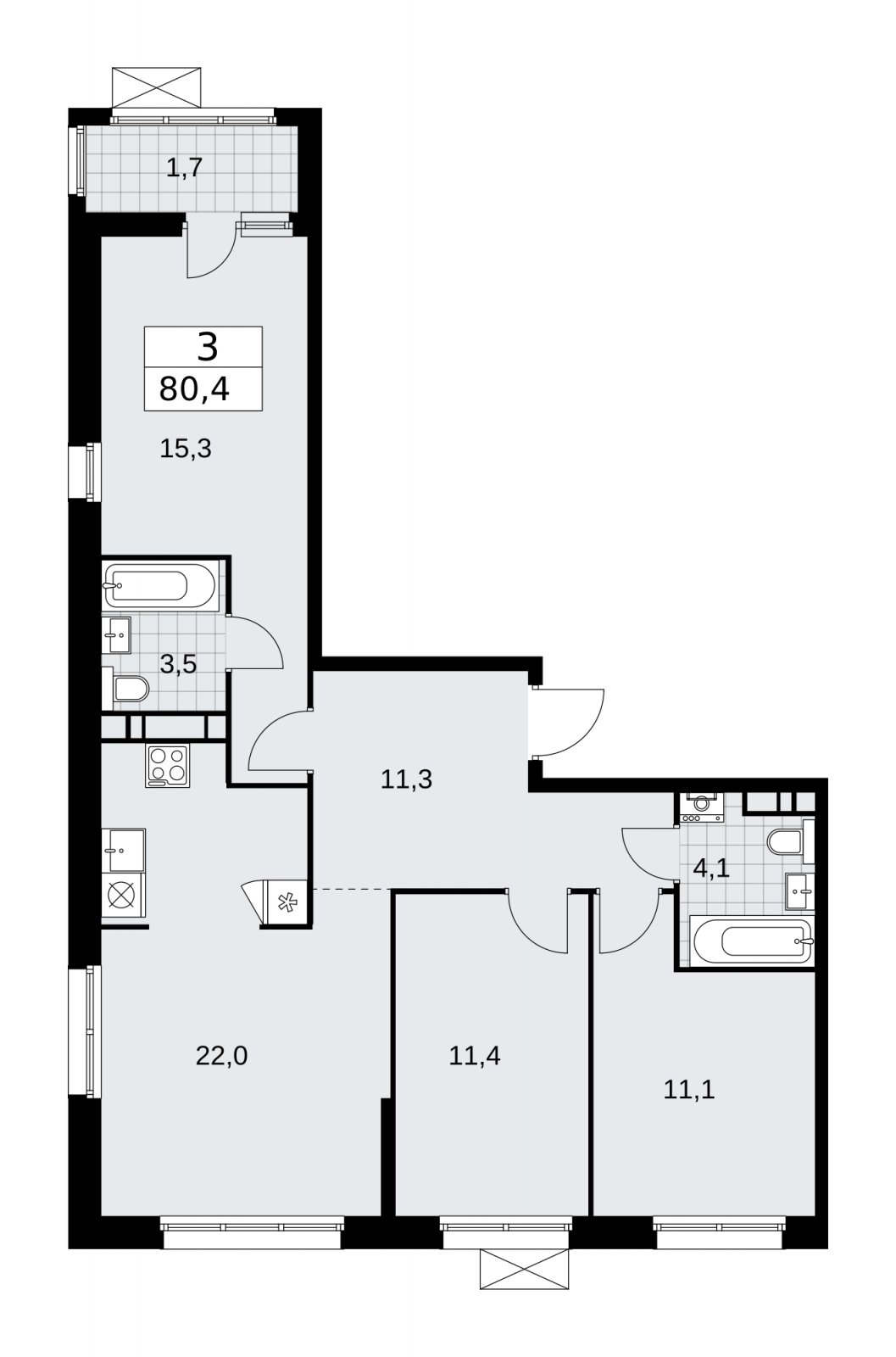 3-комнатная квартира без отделки, 80.4 м2, 9 этаж, сдача 1 квартал 2026 г., ЖК Дзен-кварталы, корпус 4.3 - объявление 2251640 - фото №1