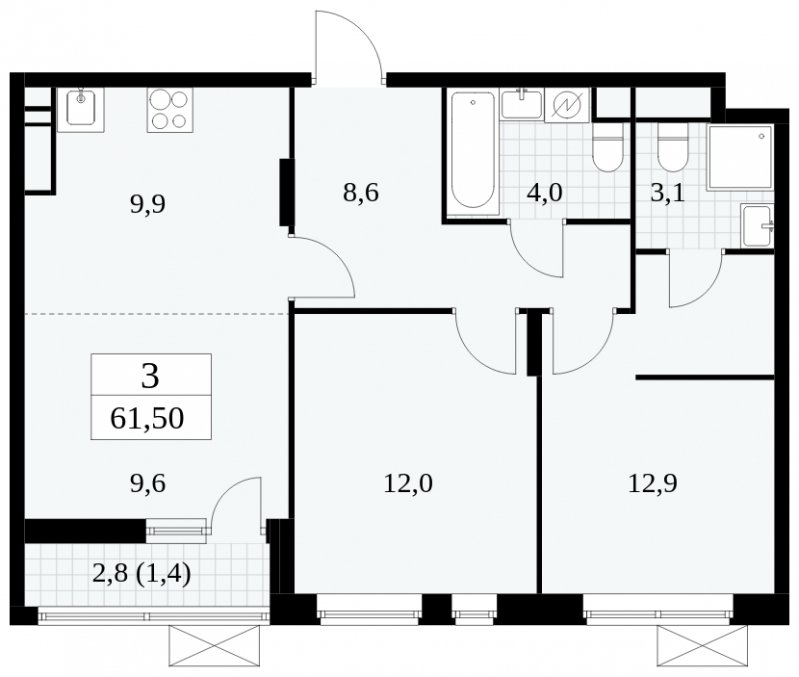 3-комнатная квартира (евро) без отделки, 61.5 м2, 16 этаж, сдача 1 квартал 2025 г., ЖК Прокшино, корпус 5.2.3 - объявление 1751433 - фото №1