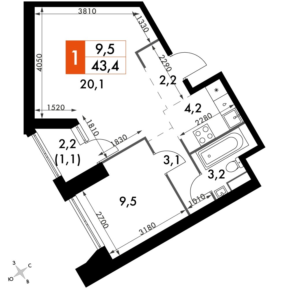 1-комнатная квартира без отделки, 43.4 м2, 29 этаж, сдача 4 квартал 2023 г., ЖК Архитектор, корпус 3 - объявление 2207483 - фото №1