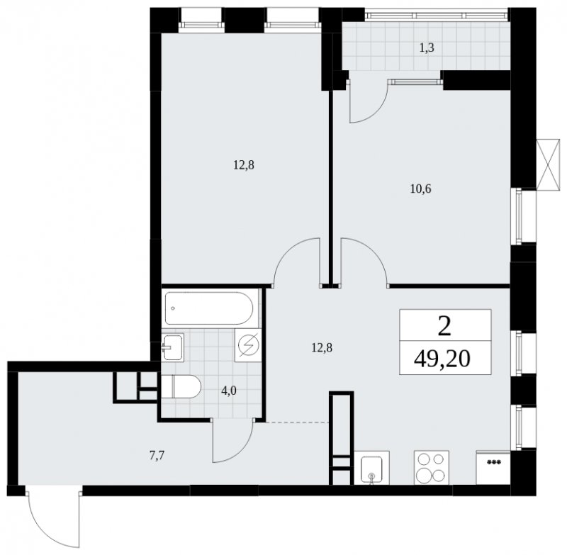 2-комнатная квартира без отделки, 49.2 м2, 17 этаж, сдача 1 квартал 2025 г., ЖК Дзен-кварталы, корпус 1.3 - объявление 1896050 - фото №1