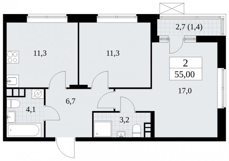 2-комнатная квартира без отделки, 55 м2, 4 этаж, сдача 1 квартал 2025 г., ЖК Прокшино, корпус 5.2.4 - объявление 1900727 - фото №1