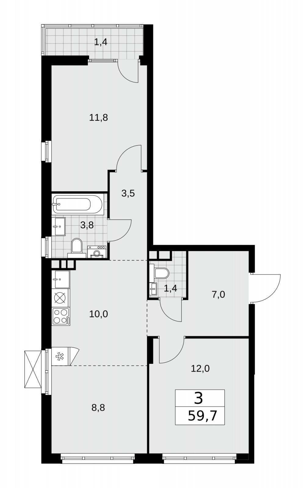 3-комнатная квартира (евро) с частичной отделкой, 59.7 м2, 8 этаж, сдача 2 квартал 2026 г., ЖК Деснаречье, корпус 4.5 - объявление 2264362 - фото №1