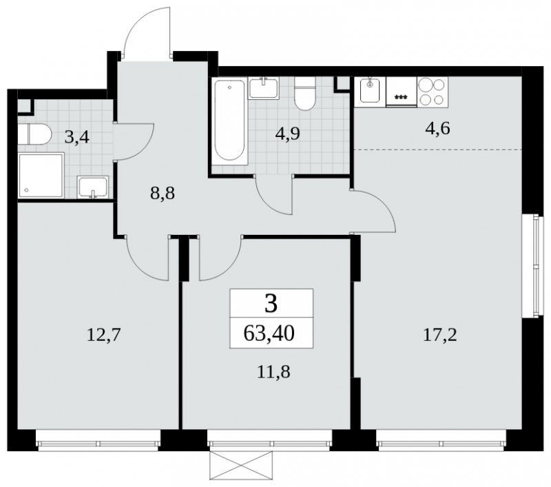 3-комнатная квартира (евро) с полной отделкой, 63.4 м2, 2 этаж, сдача 3 квартал 2024 г., ЖК Прокшино, корпус 6.5 - объявление 1663167 - фото №1