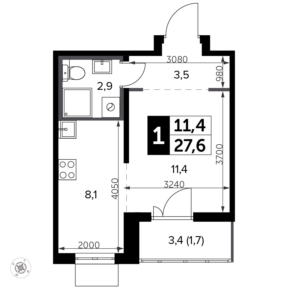 Студия с полной отделкой, 27.6 м2, 8 этаж, сдача 3 квартал 2023 г., ЖК Южная Битца, корпус 12 - объявление 1984674 - фото №1