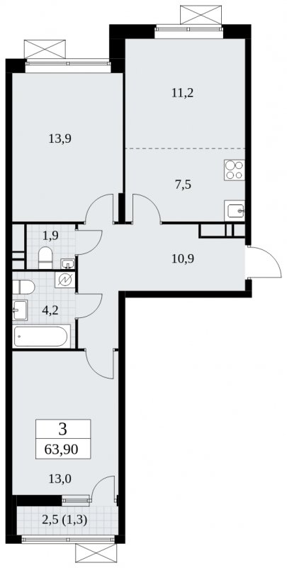 3-комнатная квартира (евро) без отделки, 63.9 м2, 13 этаж, сдача 1 квартал 2025 г., ЖК Прокшино, корпус 5.2.3 - объявление 1751422 - фото №1