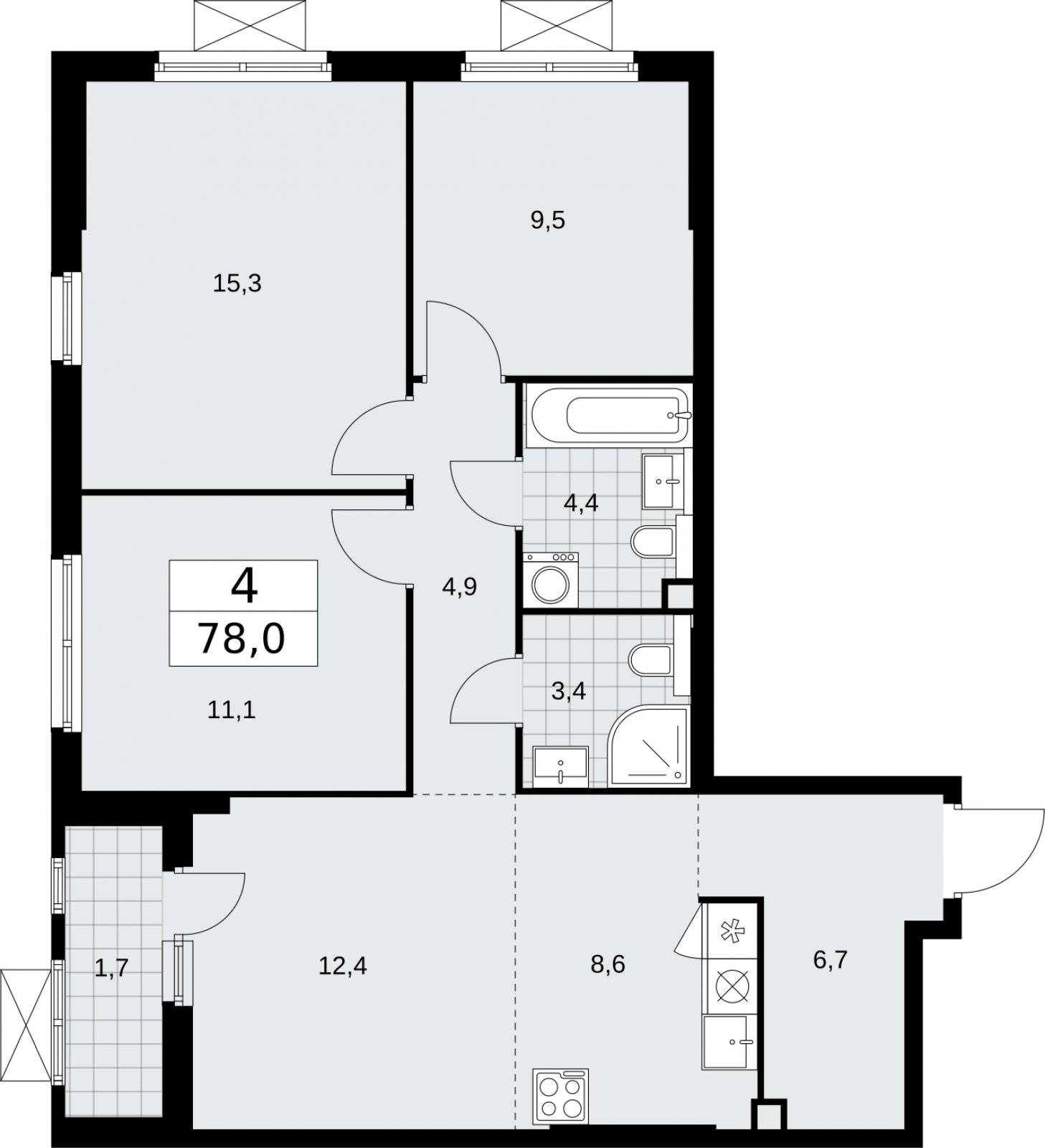 4-комнатная квартира (евро) без отделки, 78 м2, 2 этаж, сдача 2 квартал 2026 г., ЖК Бунинские кварталы, корпус 7.4 - объявление 2314030 - фото №1