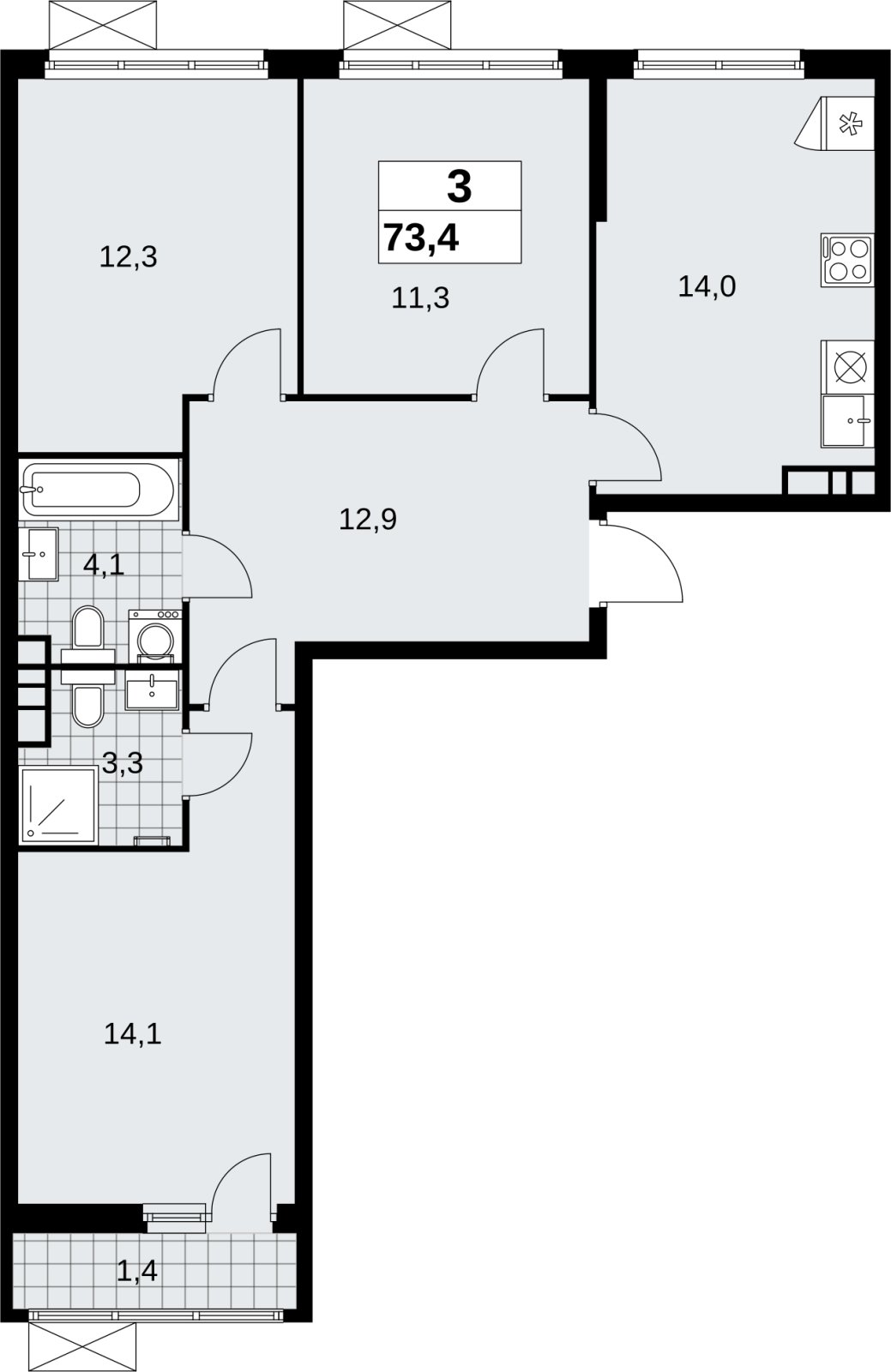 3-комнатная квартира без отделки, 73.4 м2, 4 этаж, сдача 4 квартал 2026 г., ЖК Скандинавия, корпус 2.18.2.4 - объявление 2351535 - фото №1