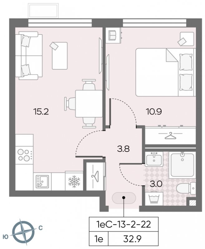 1-комнатная квартира с полной отделкой, 32.9 м2, 15 этаж, сдача 3 квартал 2024 г., ЖК Лучи, корпус 15 - объявление 1943486 - фото №1