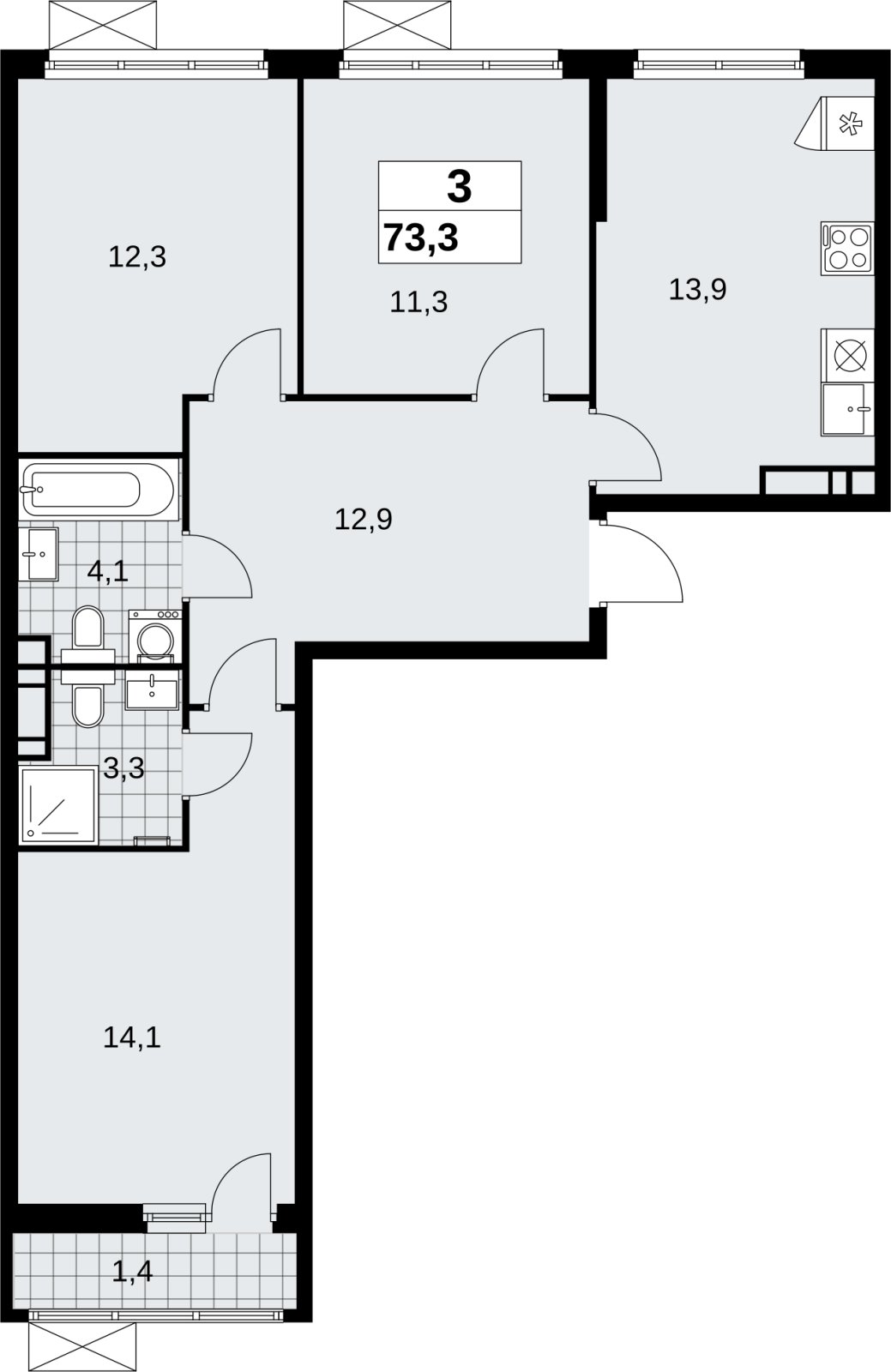 3-комнатная квартира без отделки, 73.3 м2, 8 этаж, сдача 4 квартал 2026 г., ЖК Скандинавия, корпус 2.18.2.4 - объявление 2351555 - фото №1