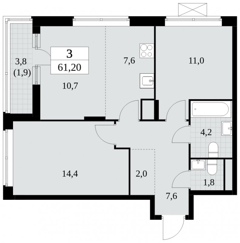 3-комнатная квартира (евро) без отделки, 61.2 м2, 11 этаж, сдача 3 квартал 2024 г., ЖК Прокшино, корпус 8.6 - объявление 1684543 - фото №1