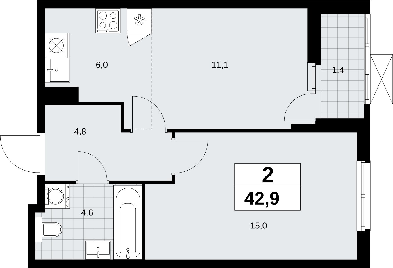 2-комнатная квартира (евро) без отделки, 42.9 м2, 3 этаж, сдача 2 квартал 2026 г., ЖК Дзен-кварталы, корпус 6.1.2 - объявление 2327225 - фото №1